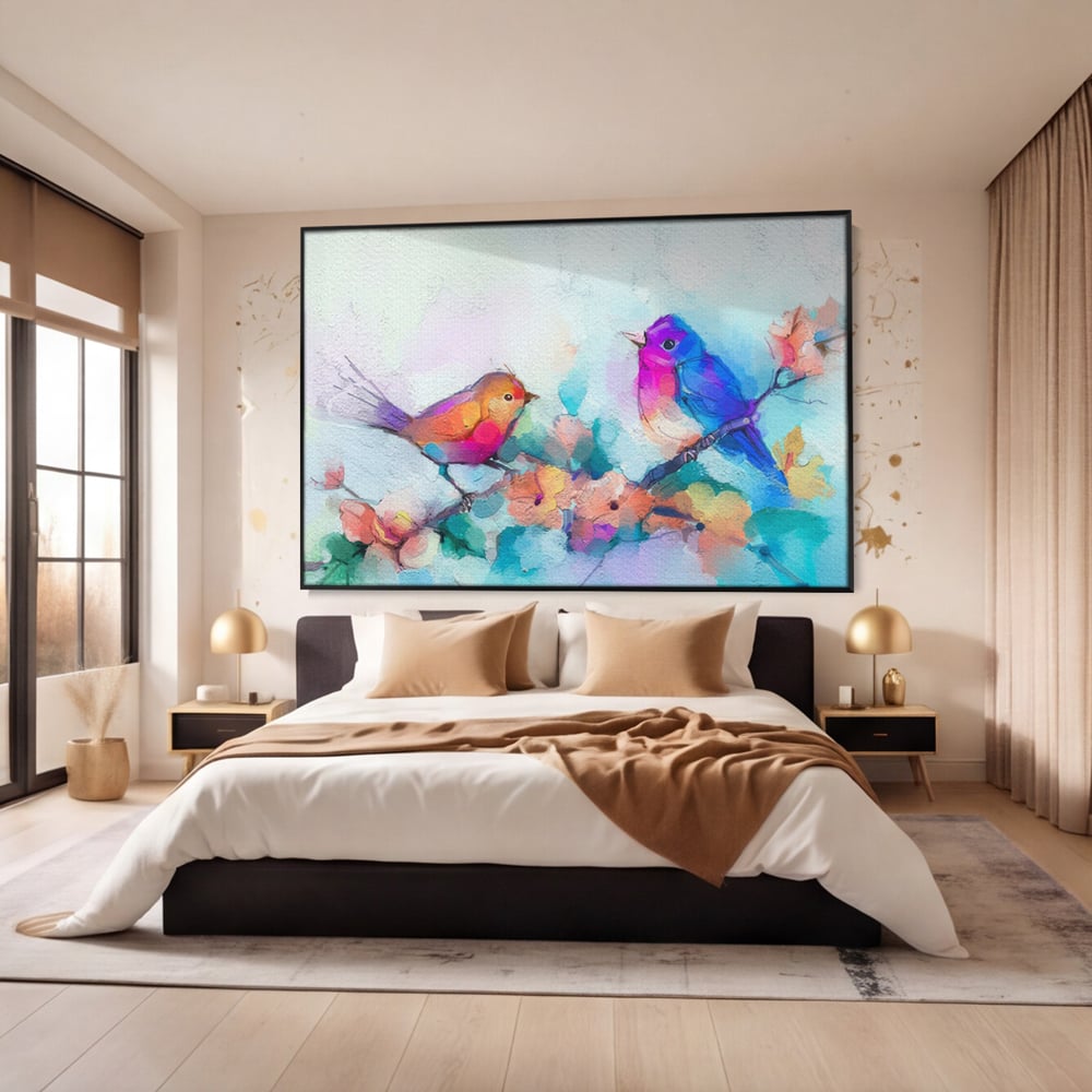 Tablou canvas cu pictura digitala cu doua pasari colorate, in rama de aluminiu negru, pe perete intr-un dormitor